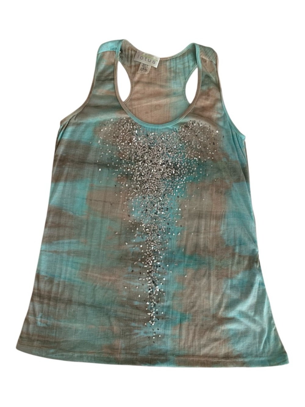 Vintage Lotus Tank Top Women’s L Blue Tan Silver Sequins Racer Back Lightweight